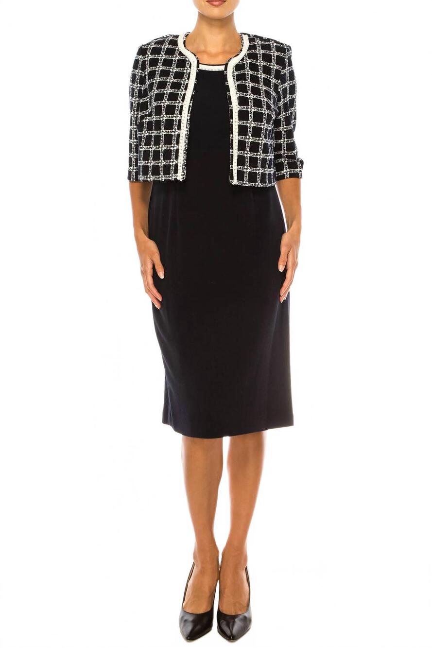 NEW MAYA BROOKE checkered print two-piece jacket dress in navy white